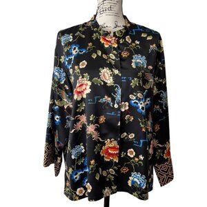 Natori Mandarin Pajama Lounge Set Top & Pant Black Floral Satin Silky XL NEW